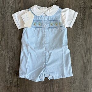 Petit Ami Baby Boys Blue Gingham Smocked Easter Bunny Rabbit Romper